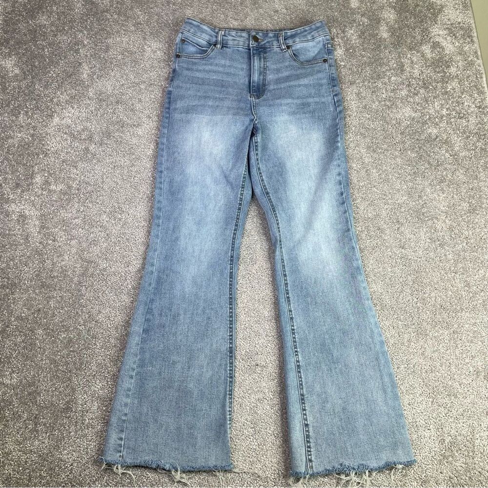 Oat New York Jeans Women’s 6 Blue Bootcut High Rise Light Wash Fray Hem Denim